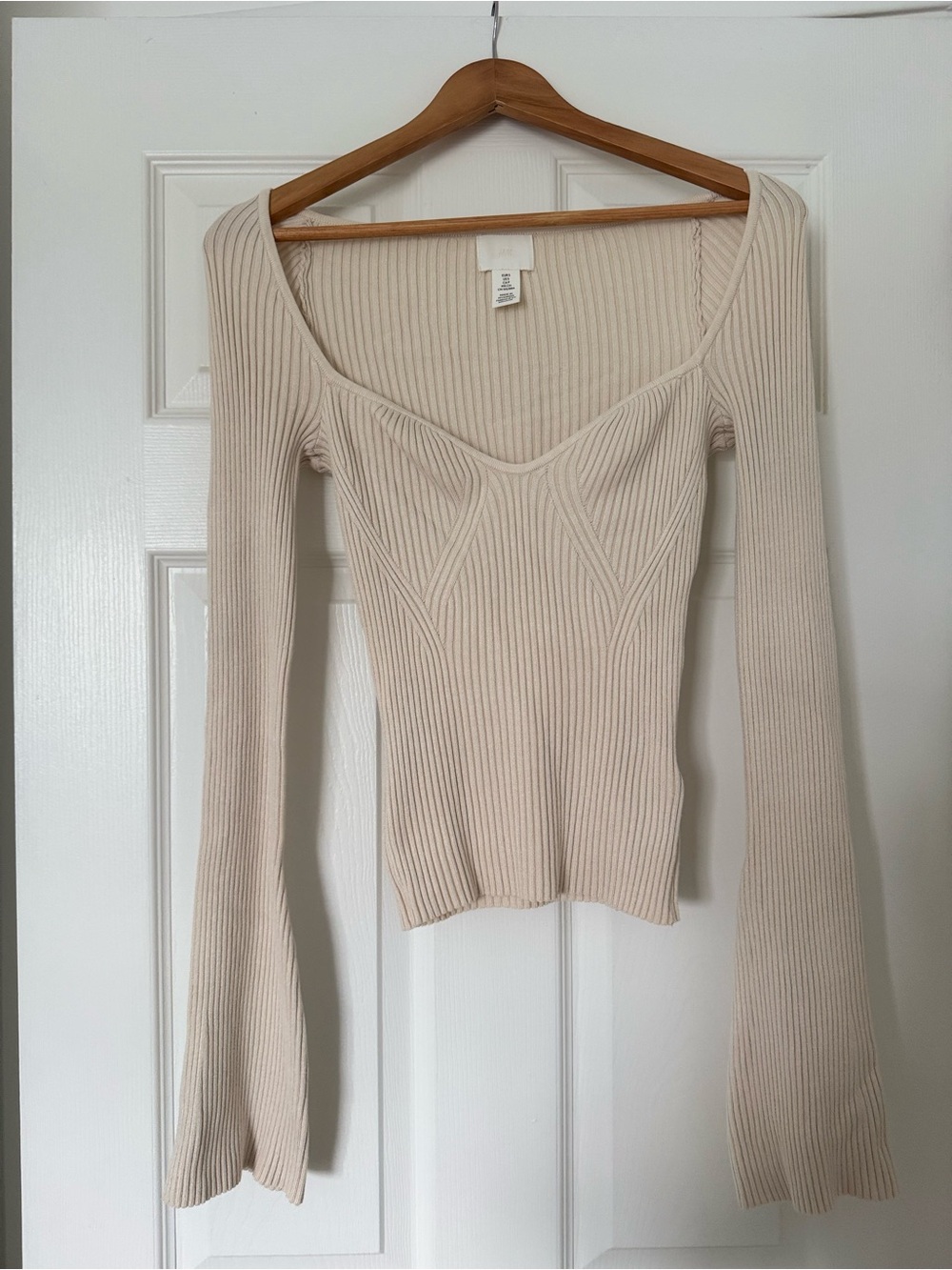 H&M Cream Ribbed Long-Sleeve Scoop Neck Top